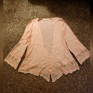Simply Noelle Sheer and Lace Crochet Cardigan Coverup Shawl Blouse Light Pink M
